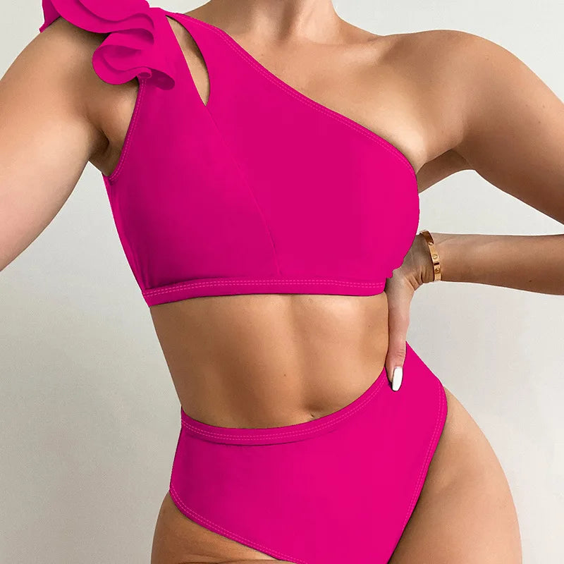 One Shoulder Women Ruffle Swimsuit Solid High Waist Swimwear Padded Bathers Bathing Swimming Suit Beachwear The Clothing Company Sydney