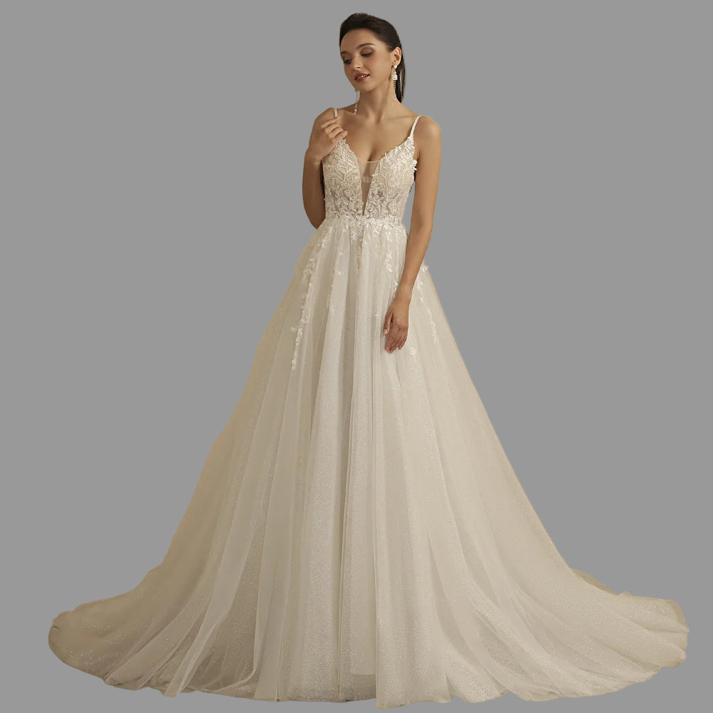 Deep V Neck Spaghetti Straps A Line Lace Wedding Dresses Glittler Sleeveless Boho Bridal Party Gown The Clothing Company Sydney