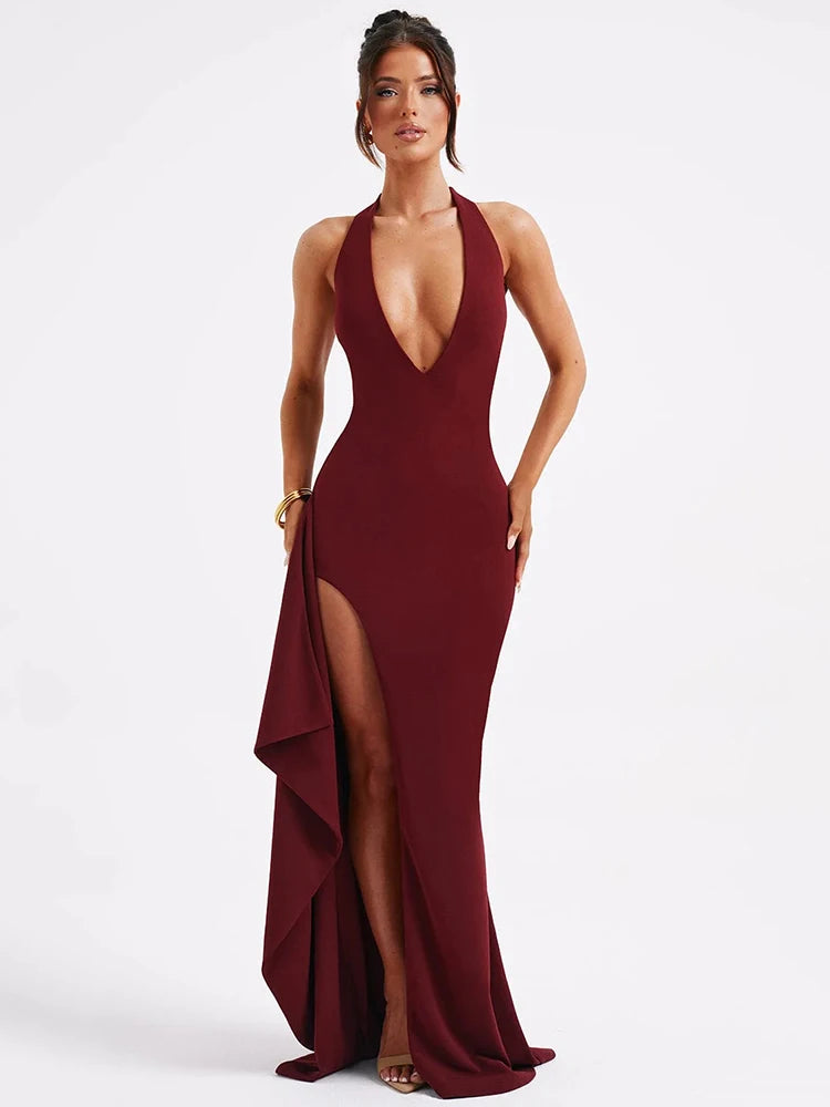 Deep V Neck Thigh High Split Maxi Halter Sleeveless Backless Bodycon Club Party Long Dress The Clothing Company Sydney