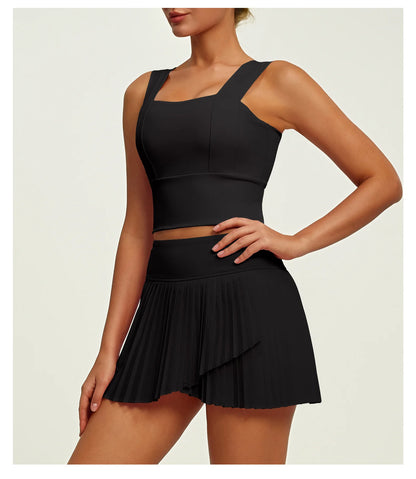 2 Piece Fitness Matching Set Women's Gym Sports Bra Sleeveless Crop Top+ Skirts Tennis Skorts Running Tracksuit Workout Sportswear