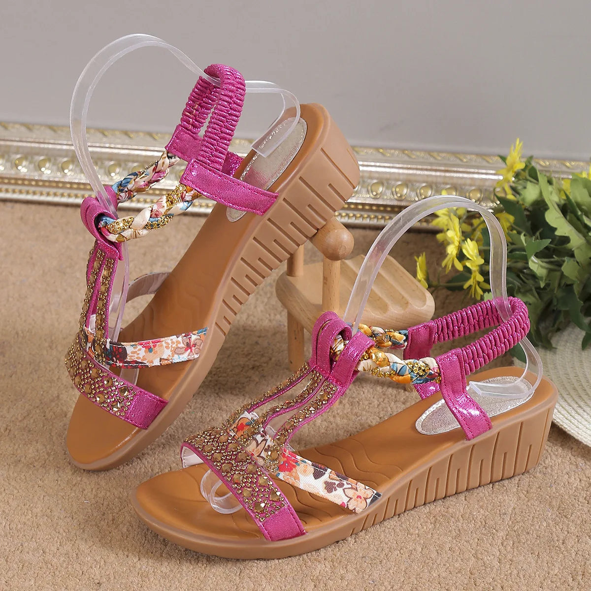 Women's Wedge Sandals Summer Shoes Shiny Rhinestones Elastic Platform Peep Toe Outdoor Sandals