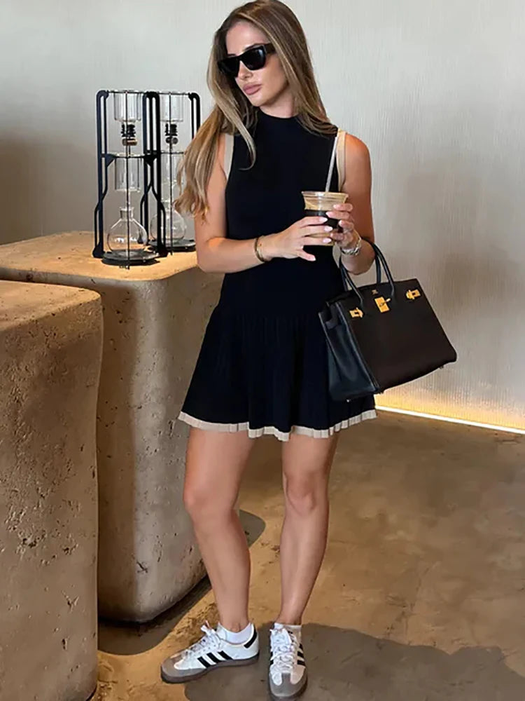 Knitted Round Neck Pleated Women's White Sleeveless High Waist Summer Casual Sporty Dress The Clothing Company Sydney