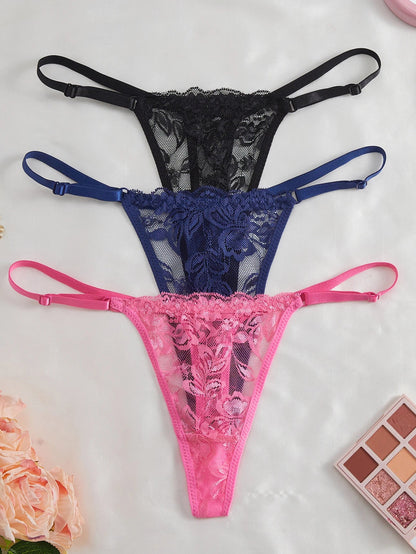 3 Pack Women's Lace Panties Underwear Adjustable Strap Floral Lace Sheer Mesh Thong G String The Clothing Company Sydney