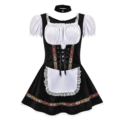 Women's Elegant Ruffled Lace Up Maid Cosplay Costume Oktoberfest Bavarian Dirndl Vintage Festival Dress