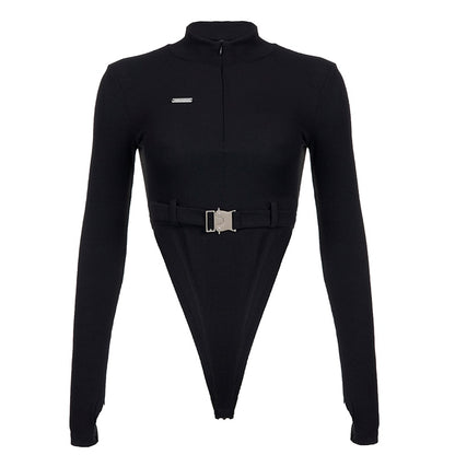 Streetwear Zipper Skinny Black Women Bodysuits Top Buckle Turtleneck Autumn Body Fashion Motorcycle One Piece Bodysuit The Clothing Company Sydney
