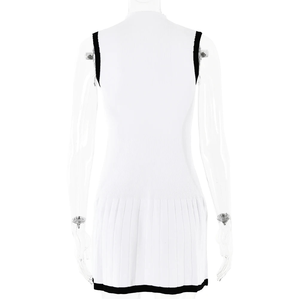 Knitted Round Neck Pleated Women's White Sleeveless High Waist Summer Casual Sporty Dress The Clothing Company Sydney