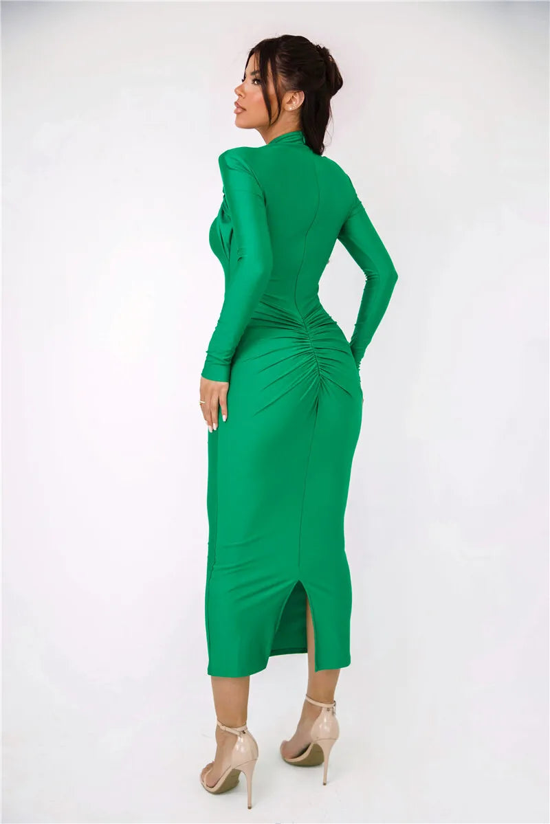 Hollow Out Long Sleeve Maxi Dress Gown Autumn Winter New Metal Buckle Ruched Slit Long Elegant Dress