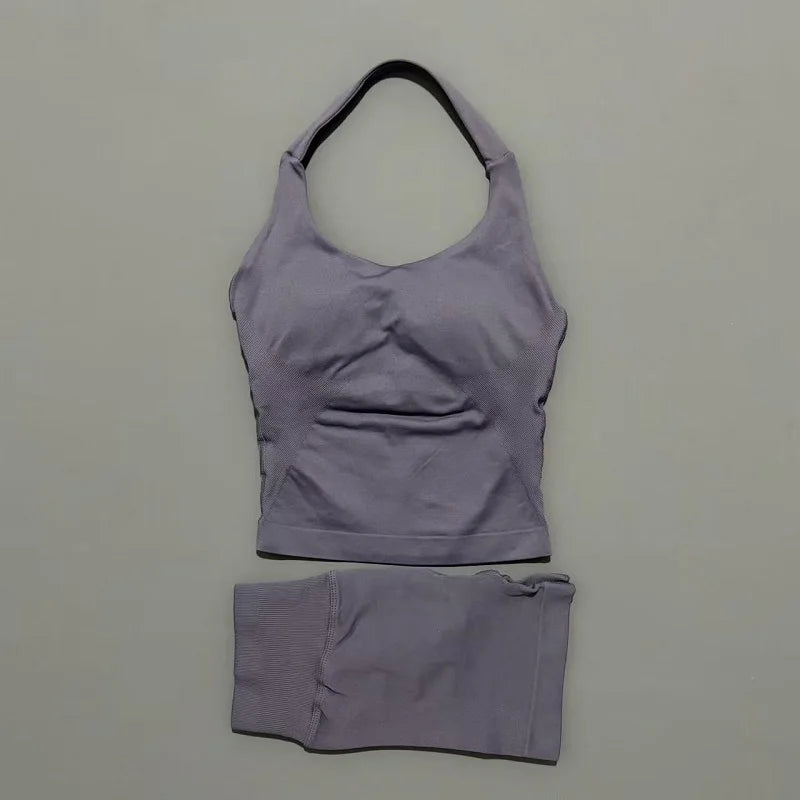 2 Piece Sports Halter Top Strappy Bra Shorts Matching Set Seamless Yoga Gym Running Fitness Shorts Suit