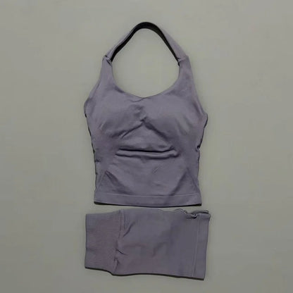 2 Piece Sports Halter Top Strappy Bra Shorts Matching Set Seamless Yoga Gym Running Fitness Shorts Suit