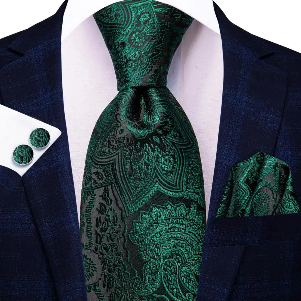 Green Paisley Silk Tie Set for Men – Necktie, Pocket Square & Cufflinks The Clothing Company Sydney