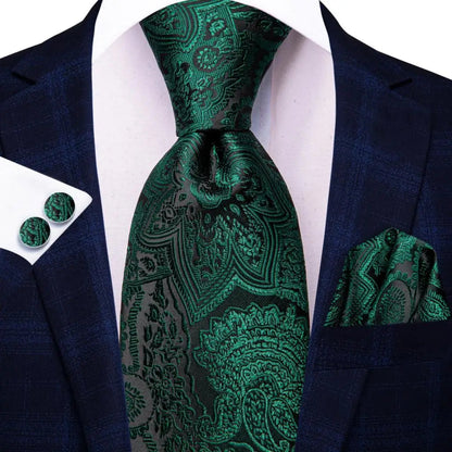 Green Paisley Silk Tie Set for Men – Necktie, Pocket Square & Cufflinks The Clothing Company Sydney