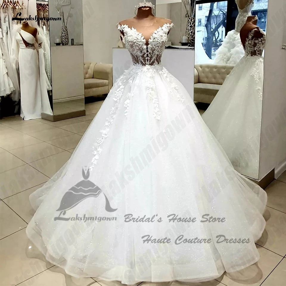 Floral Lace Ball Gown Style Sparkly Wedding Gowns 3D Glitter Princess Bridal Backless Wedding Dress The Clothing Company Sydney