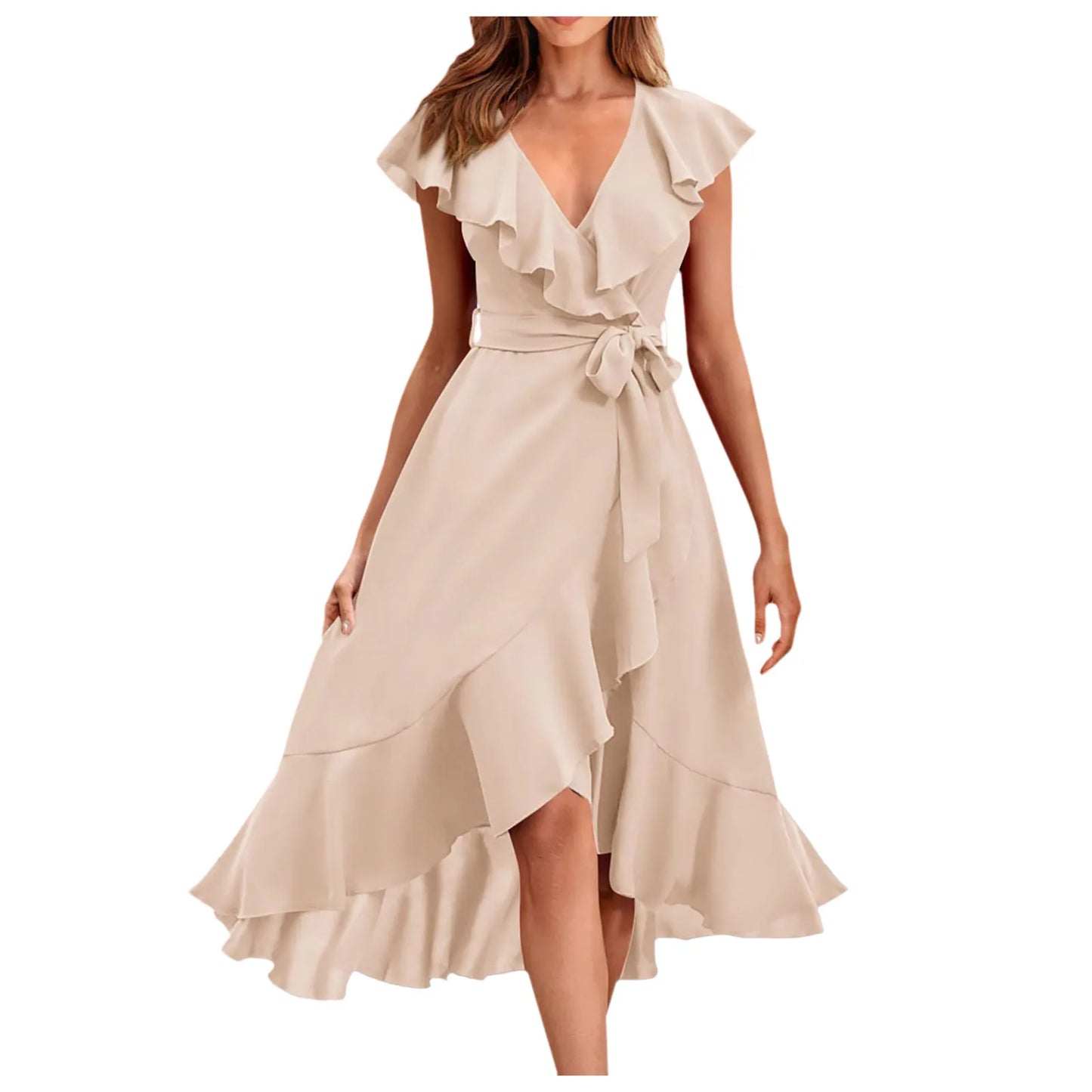 Women's Boho Dress Ruffled Deep V Neck Irregular Long Dress Belted Short Sleeve Wrapped Double Layer Casual Beach Sundress The Clothing Company Sydney