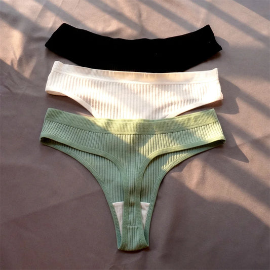 3 Pack Seamless Ribbed Cotton Thong Low Waist Bikini Briefs Sports Underwear Plus Size