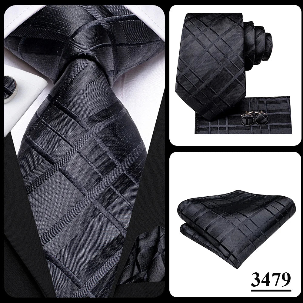 3 Piece Black Floral Silk Wedding Tie For Men Handky Cufflink Elegant Necktie Set For Men