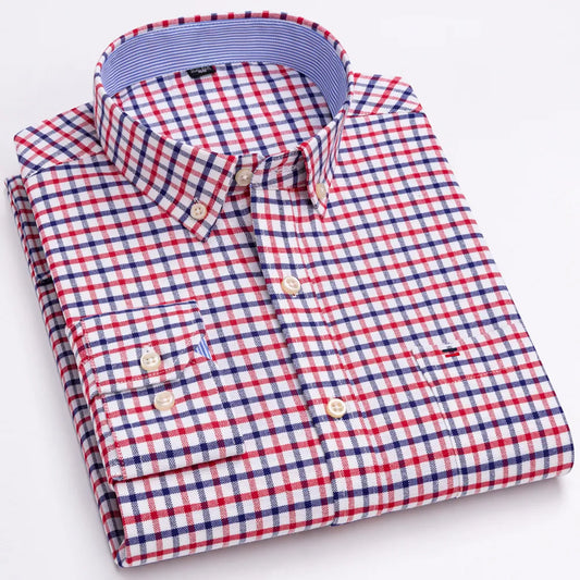 Men's Versatile Casual Checkered Oxford Cotton Shirts Single Pocket Long Sleeve Standard-fit Button Down Gingham Striped Shirt The Clothing Company Sydney
