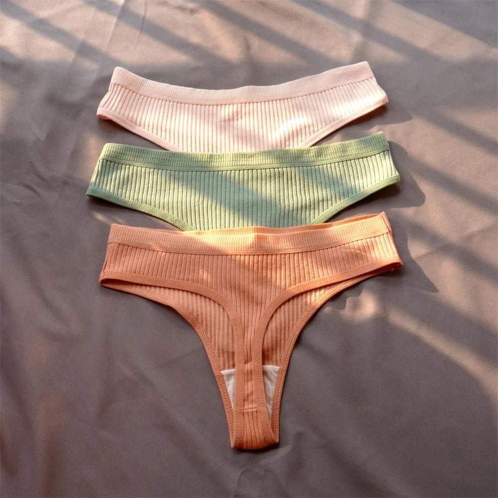 3 Pack Seamless Ribbed Cotton Thong Low Waist Bikini Briefs Sports Underwear Plus Size