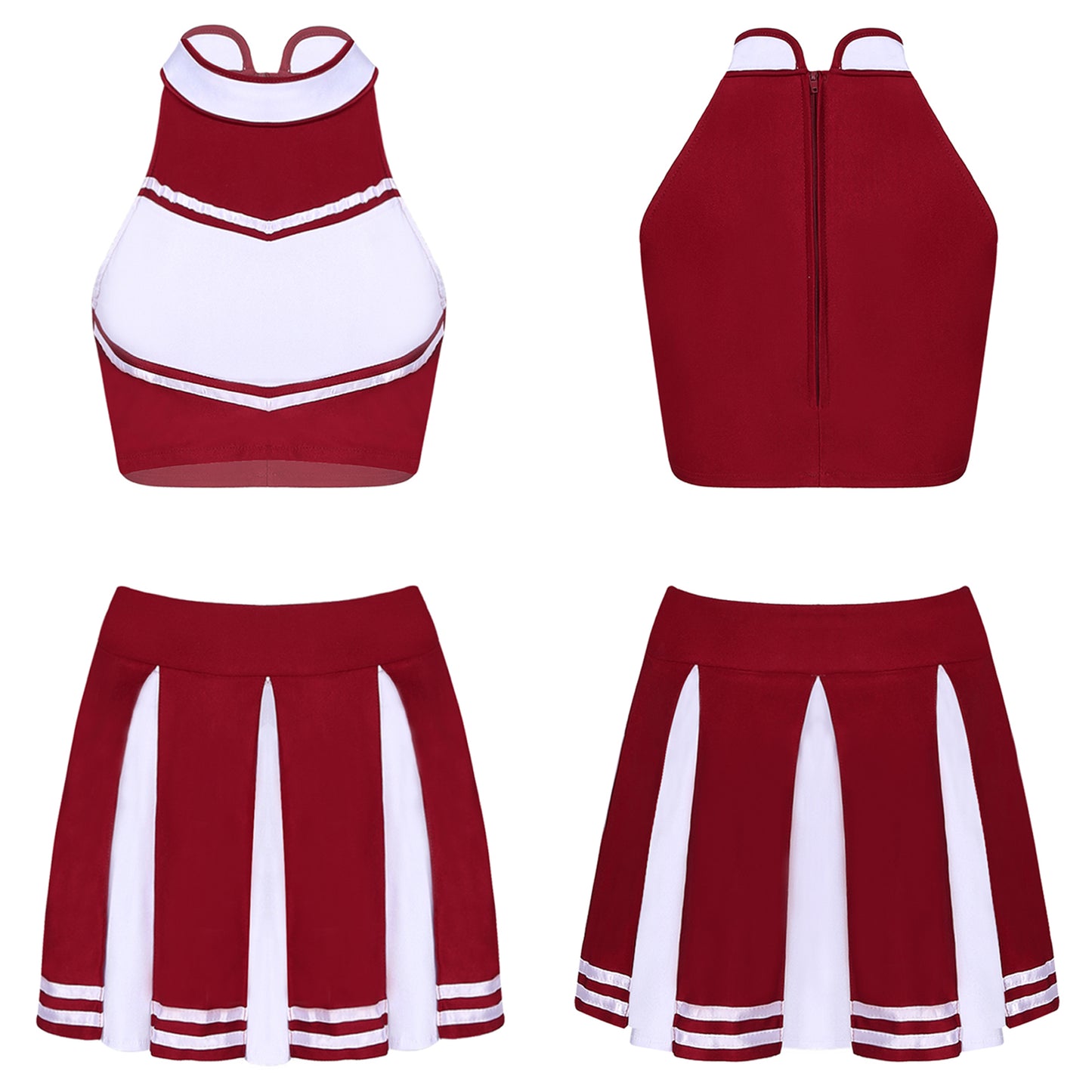 Women's Cheerleading Costume Uniform Carnival Cosplay Outfit Stand Collar Sleeveless Crop Top with Mini Pleated Skirt