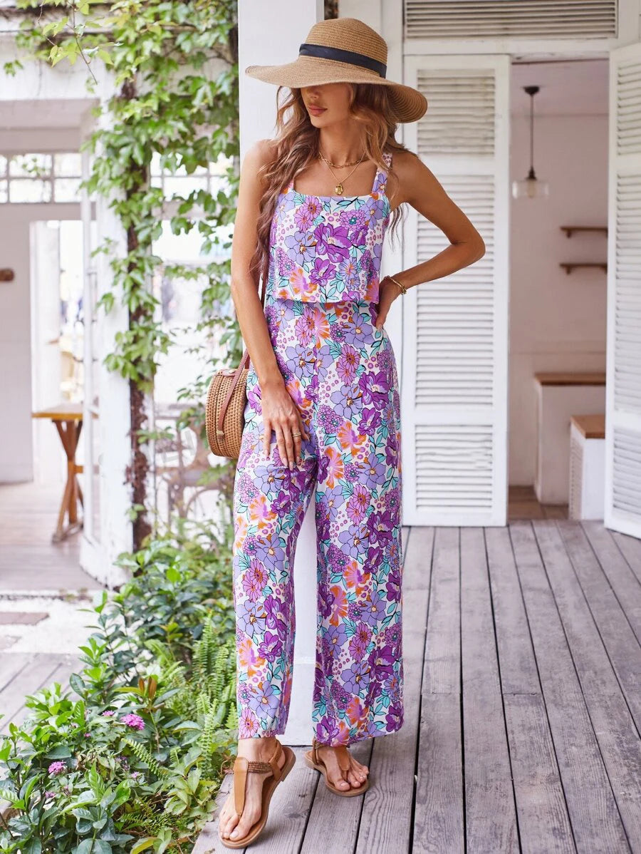 Elegant Long Women's Backless Wide Leg Jumpsuits Casual Sleeveless Floral Rompers Summer Matching Outfit Set