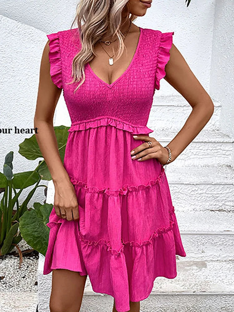 Summer Midi Dresses Casual Red Ruffle Big Hem Holiday Beach Dress Fashion Sleevelee V Neck Dresses The Clothing Company Sydney