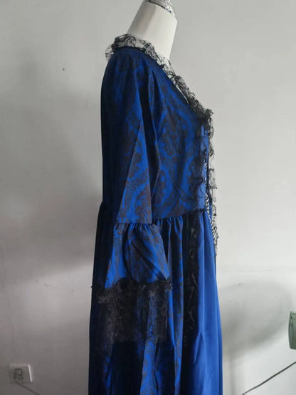 Medieval Victorian Court Lace Patchwork Gothic Halloween Witch Cosplay Party Costume Square Neck Flare Sleeve Maxi Dress