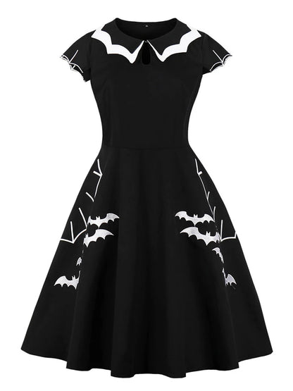 Bat Embroidery Halloween Costumes Party Vintage Dresses Cap Sleeve Keyhole Front Retro A Line Dress