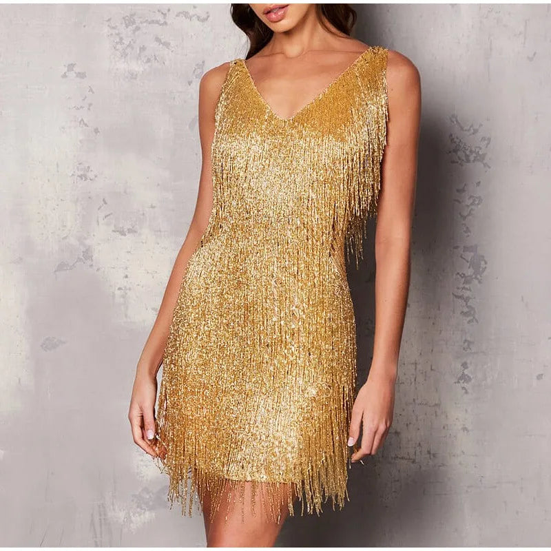 Tassel Sequins Feather Mini Dress Women's Spaghetti Strap Stitching Elegant Evening Party Club Dress