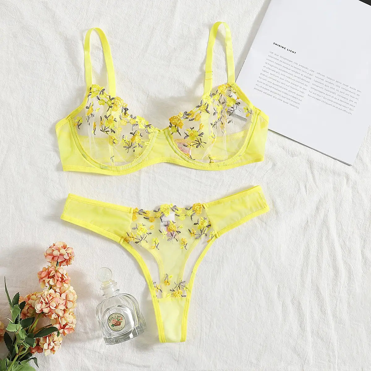 Lace Transparent Underwear Fairy Embroidery Brief Sets Delicate Bra Kit Push Up Bra Lingerie Set