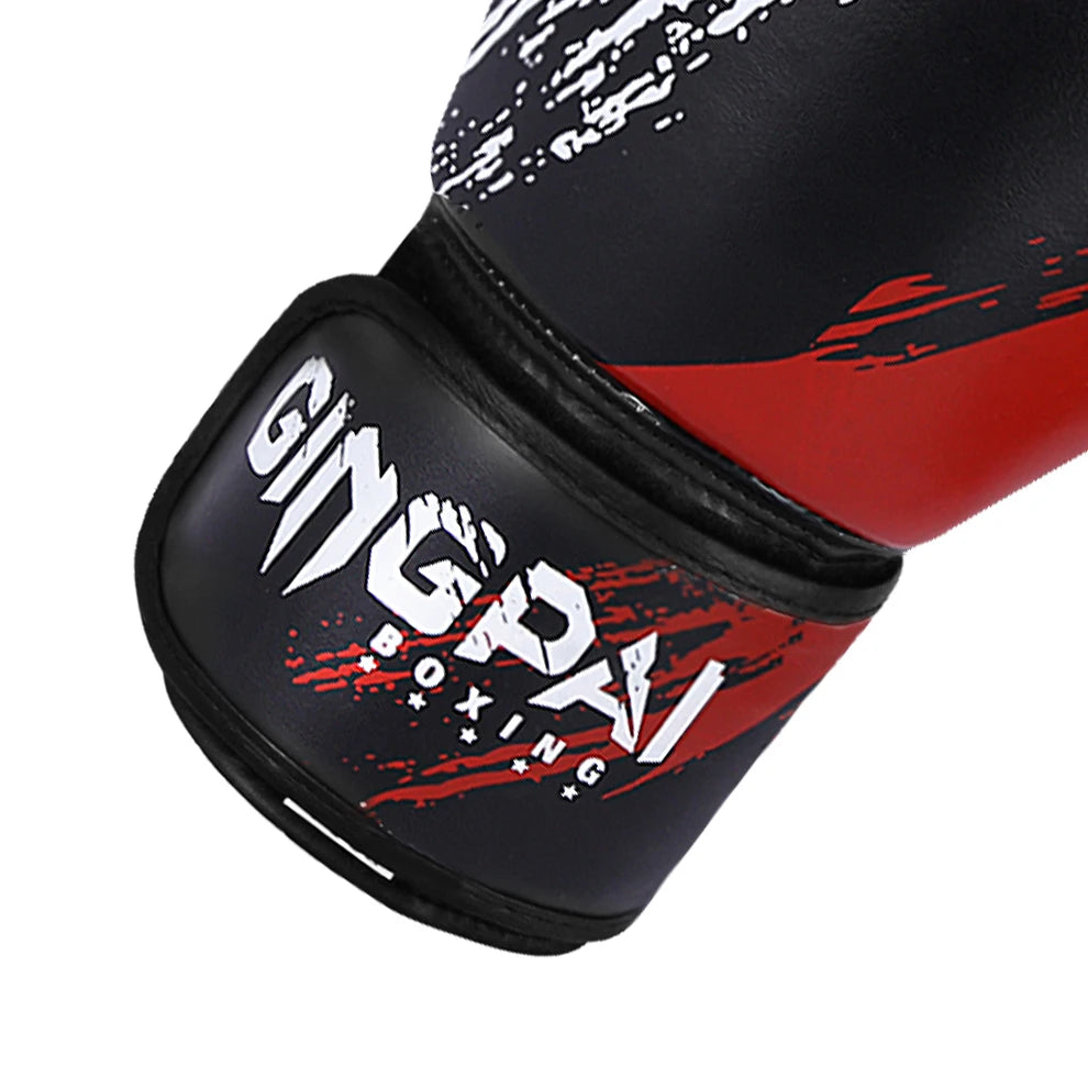 Adult and kids boxing Muay Thai training gloves, adjustable fighting mitts in black, red, and blue