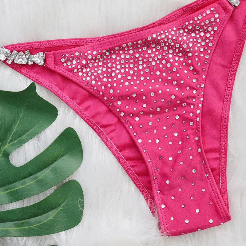 2 Piece Rhinestone Swimsuit Crystal Thong String Bikini Set Swimwear Beach Wear Bathing Suit