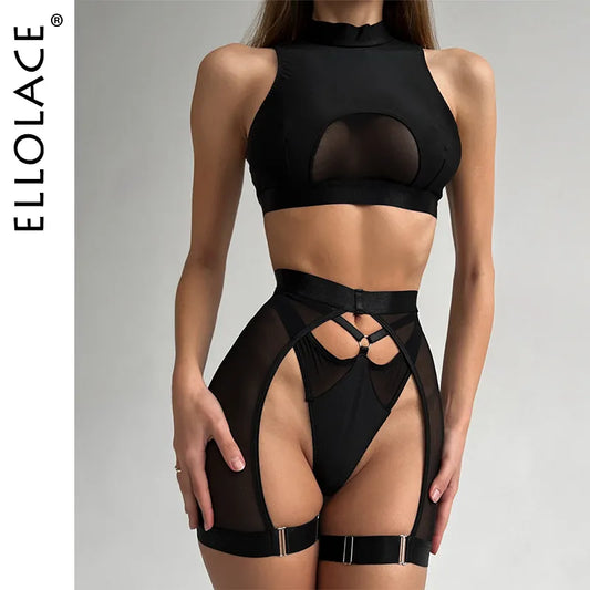 Lingerie Set Woman 3 Piece Vest Top Seamless Underwear Garter Belt Set Thong Black Intimate Exotic Set