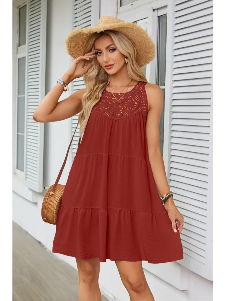 Hollow Lace Patchwork Halter Neck Women A Line Dress Summer Casual Solid Color Loose Beach Holiday Sundress The Clothing Company Sydney