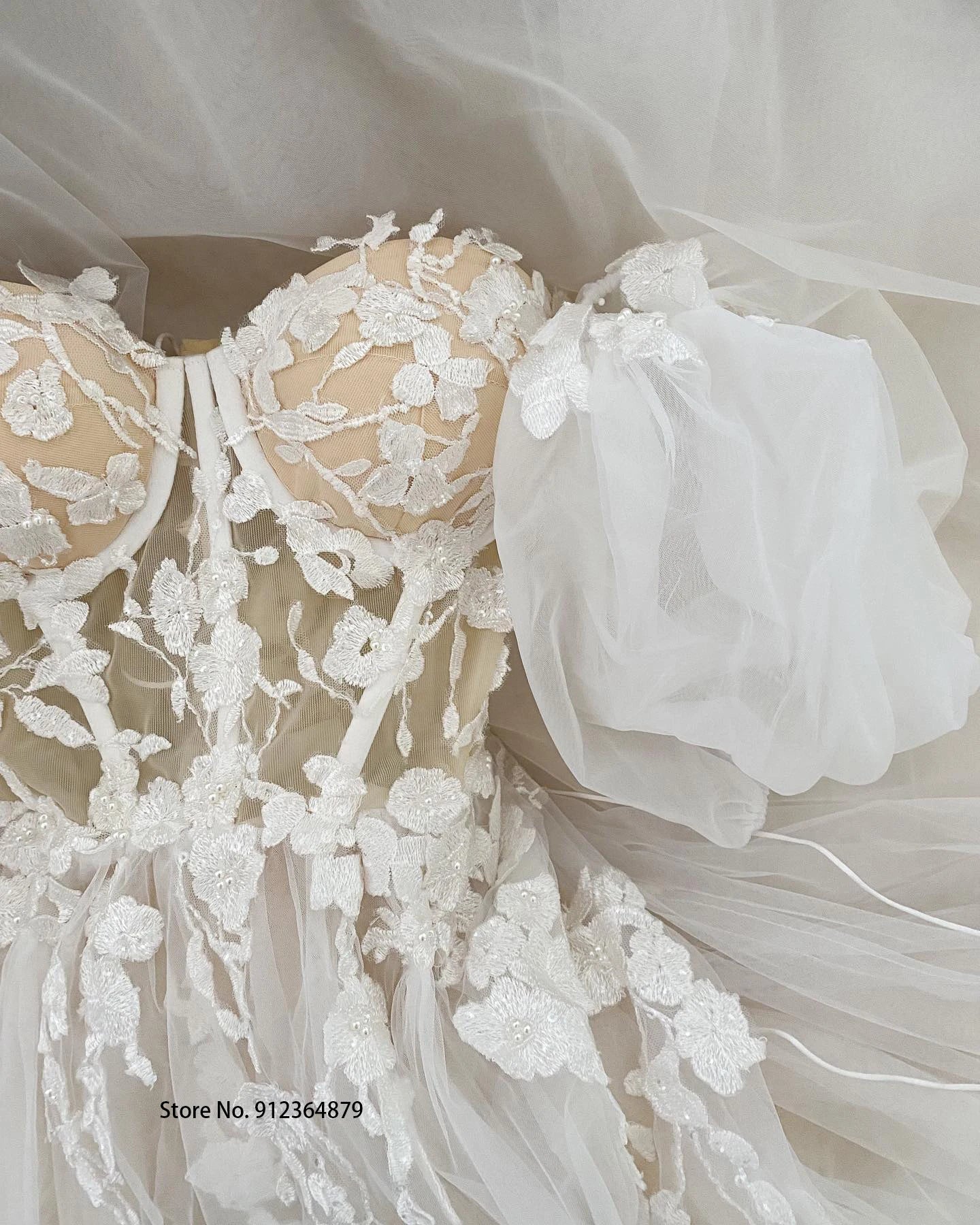 Short Puff Sleeves 3D lace Wedding Dresses Champagne Liner Tulle Appliques Formal Bridal Gowns The Clothing Company Sydney