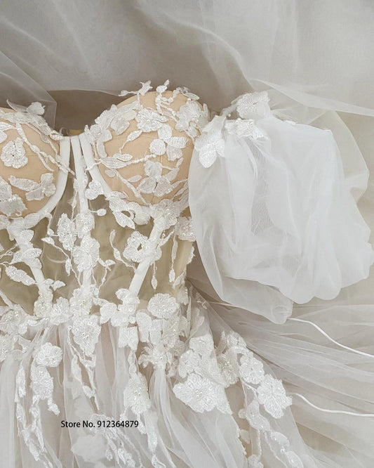 Short Puff Sleeves 3D lace Wedding Dresses Champagne Liner Tulle Appliques Formal Bridal Gowns The Clothing Company Sydney