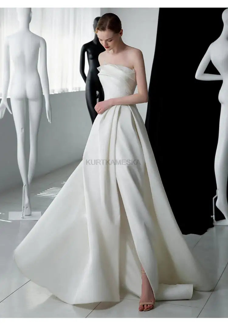 Luxury White Satin Trailing Wedding Dresses Women Elegant Strapless Long Prom Party Bridal Dress