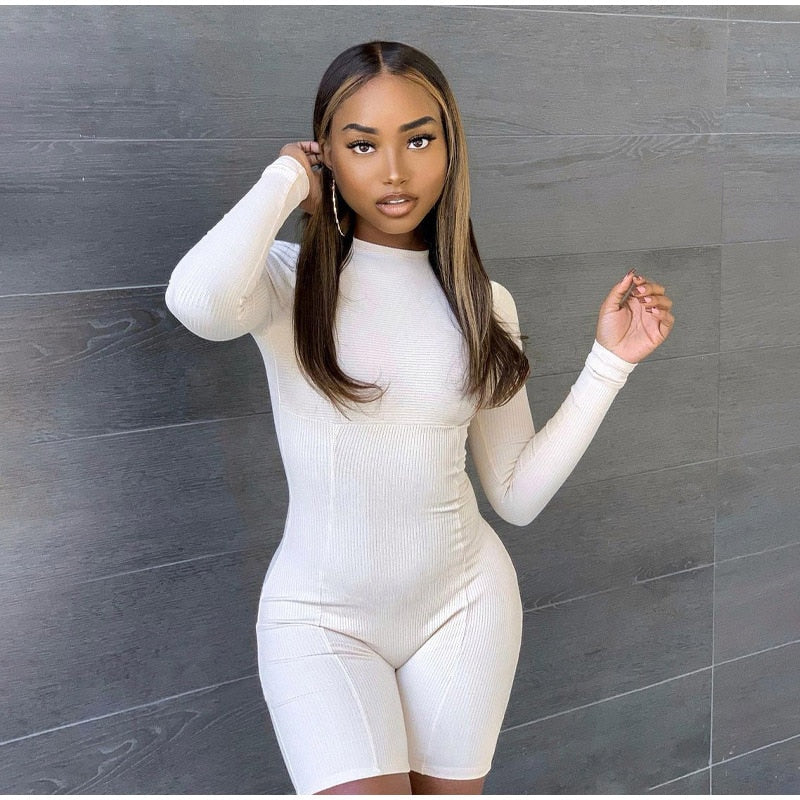 Casual Women's Knitted Bodycon Jumpsuit Fashion Long Sleeve Short Sport One-piece Suit Spring Back Zipper Yoga Playsuit The Clothing Company Sydney