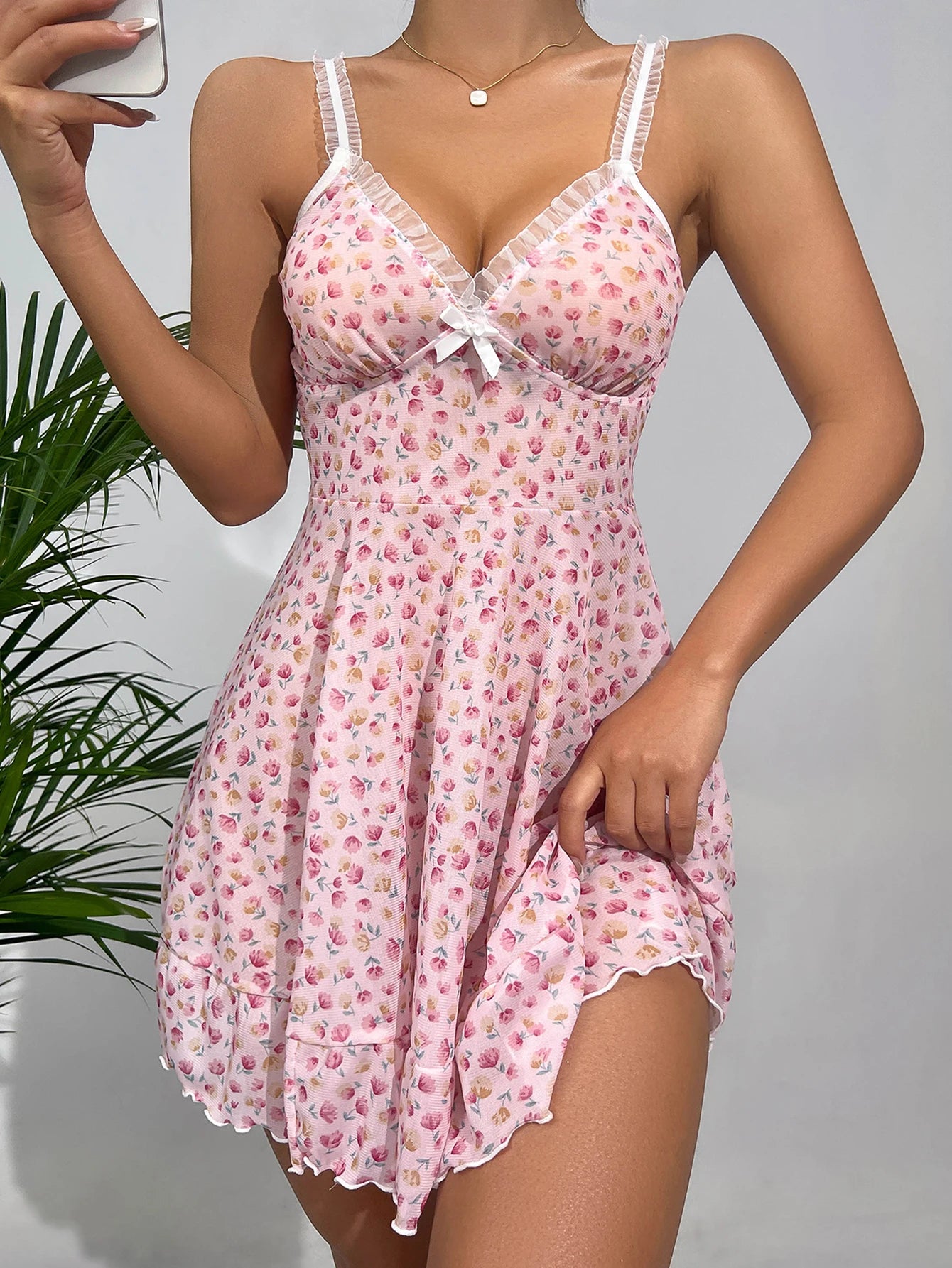 Summer Pink Dress Floral Printed Lace for Women Home V-neck with Strap Camisole Nightdress