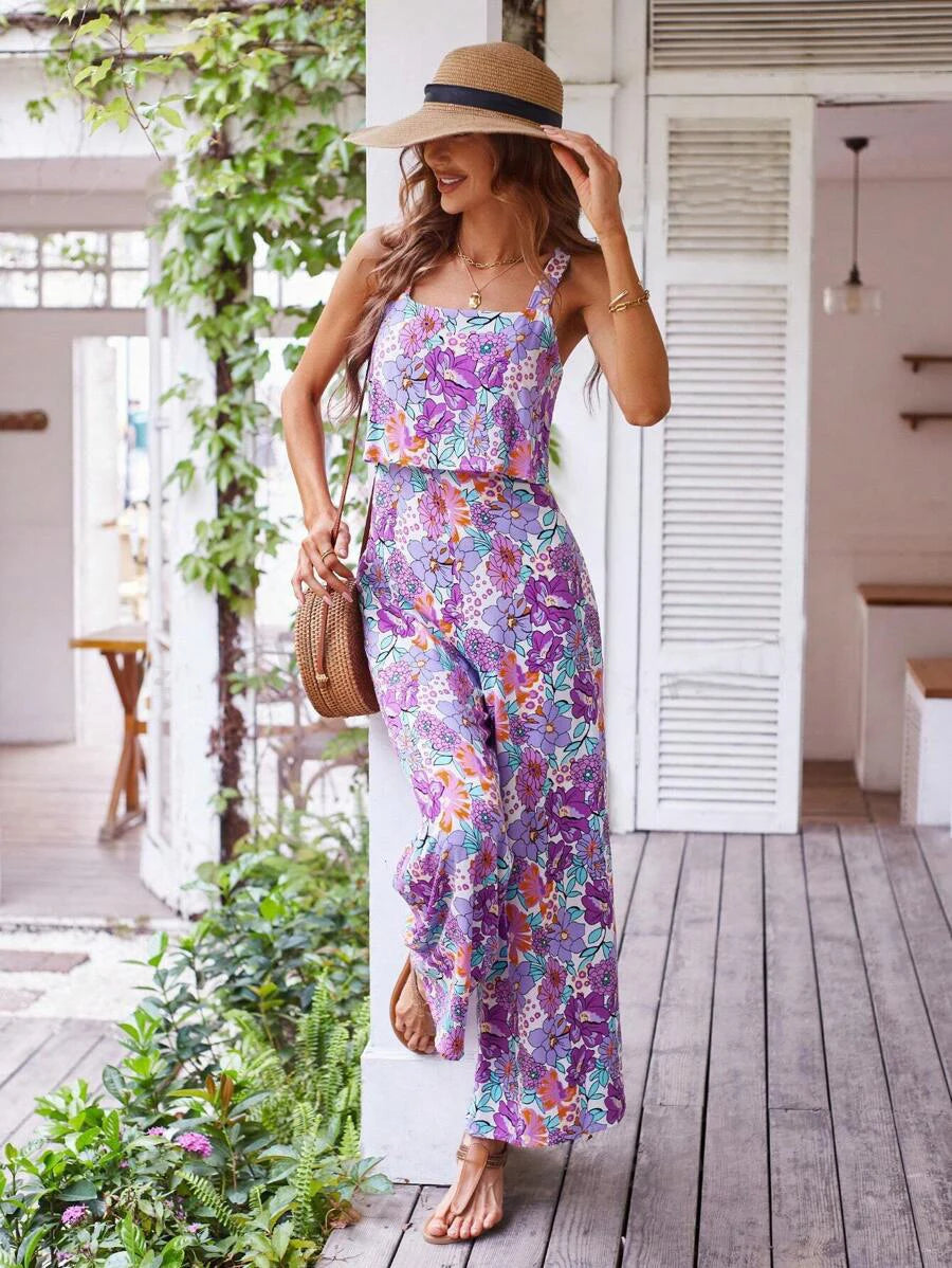 Elegant Long Women's Backless Wide Leg Jumpsuits Casual Sleeveless Floral Rompers Summer Matching Outfit Set