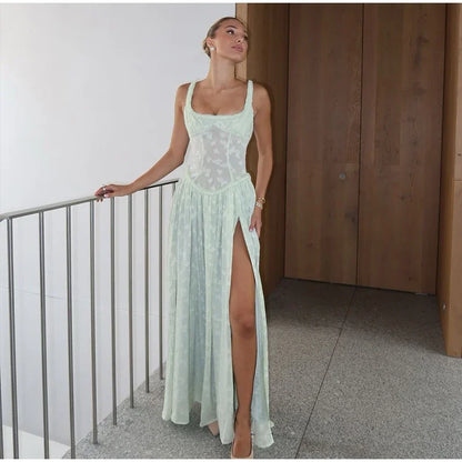 Flower Printed Slim A-line Sling Green Square Neck High Split Long Elegant Chic Evening Dress - The Clothing Company Sydney