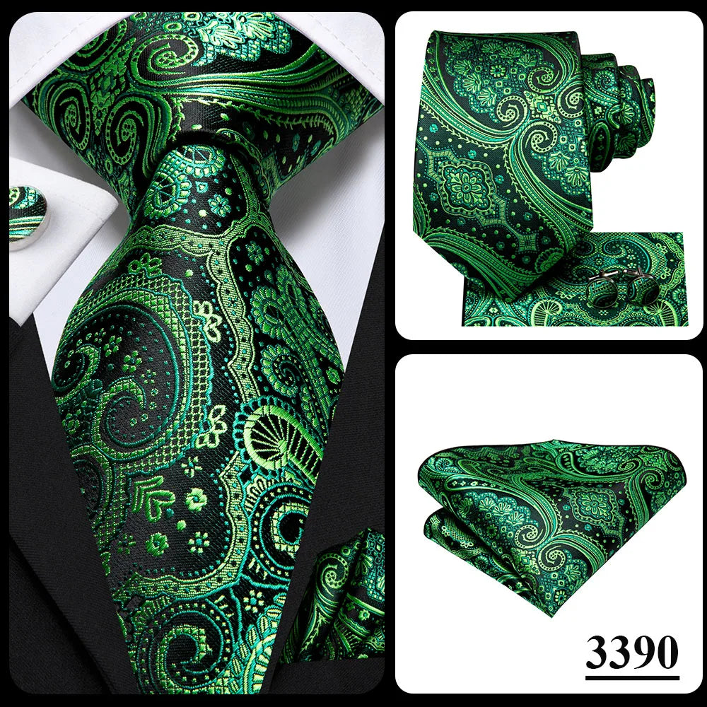 Green Paisley Silk Tie Set for Men – Necktie, Pocket Square & Cufflinks The Clothing Company Sydney