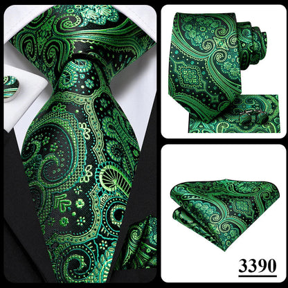 Green Paisley Silk Tie Set for Men – Necktie, Pocket Square & Cufflinks The Clothing Company Sydney