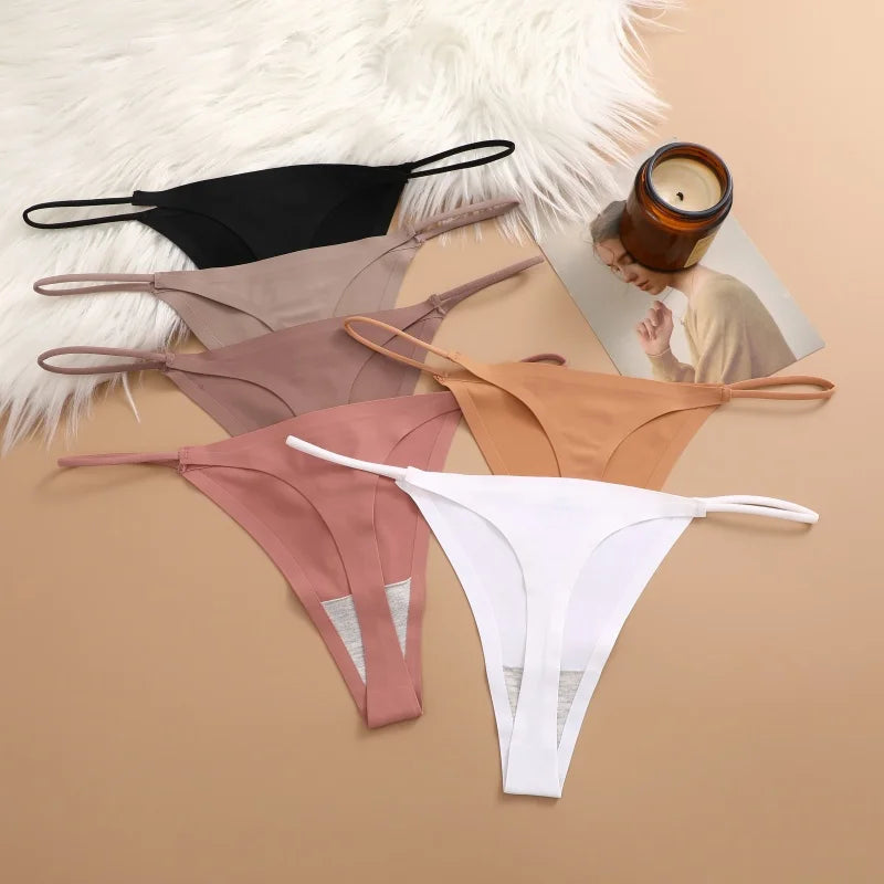 6-pack seamless thong panties with thin straps, low waist and high-stretch T-back briefs in assorted colors