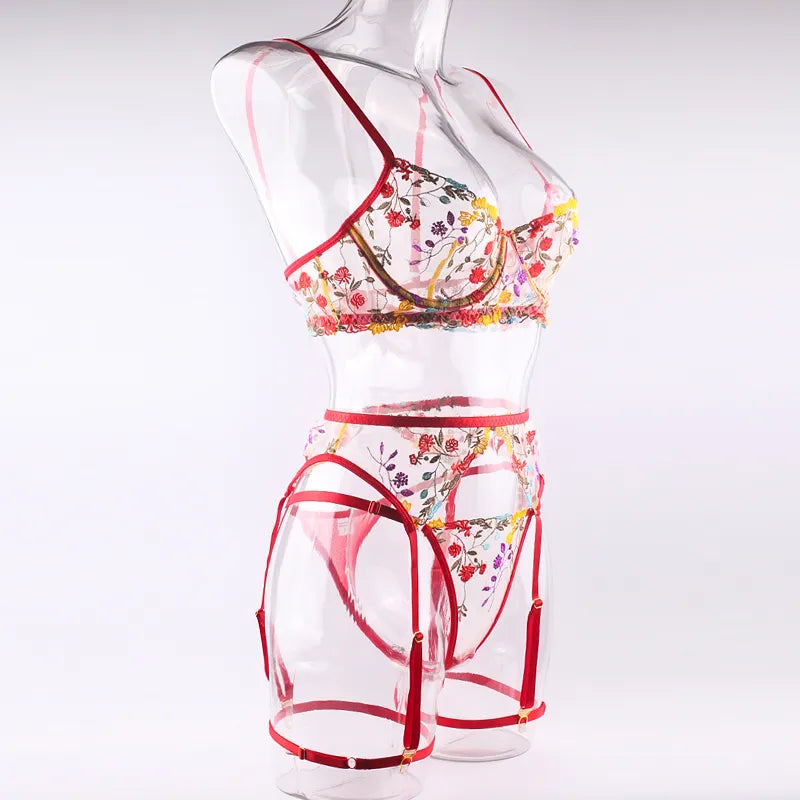 3 Piece Lingerie Sensual Lace Underwear Transparent Embroidery