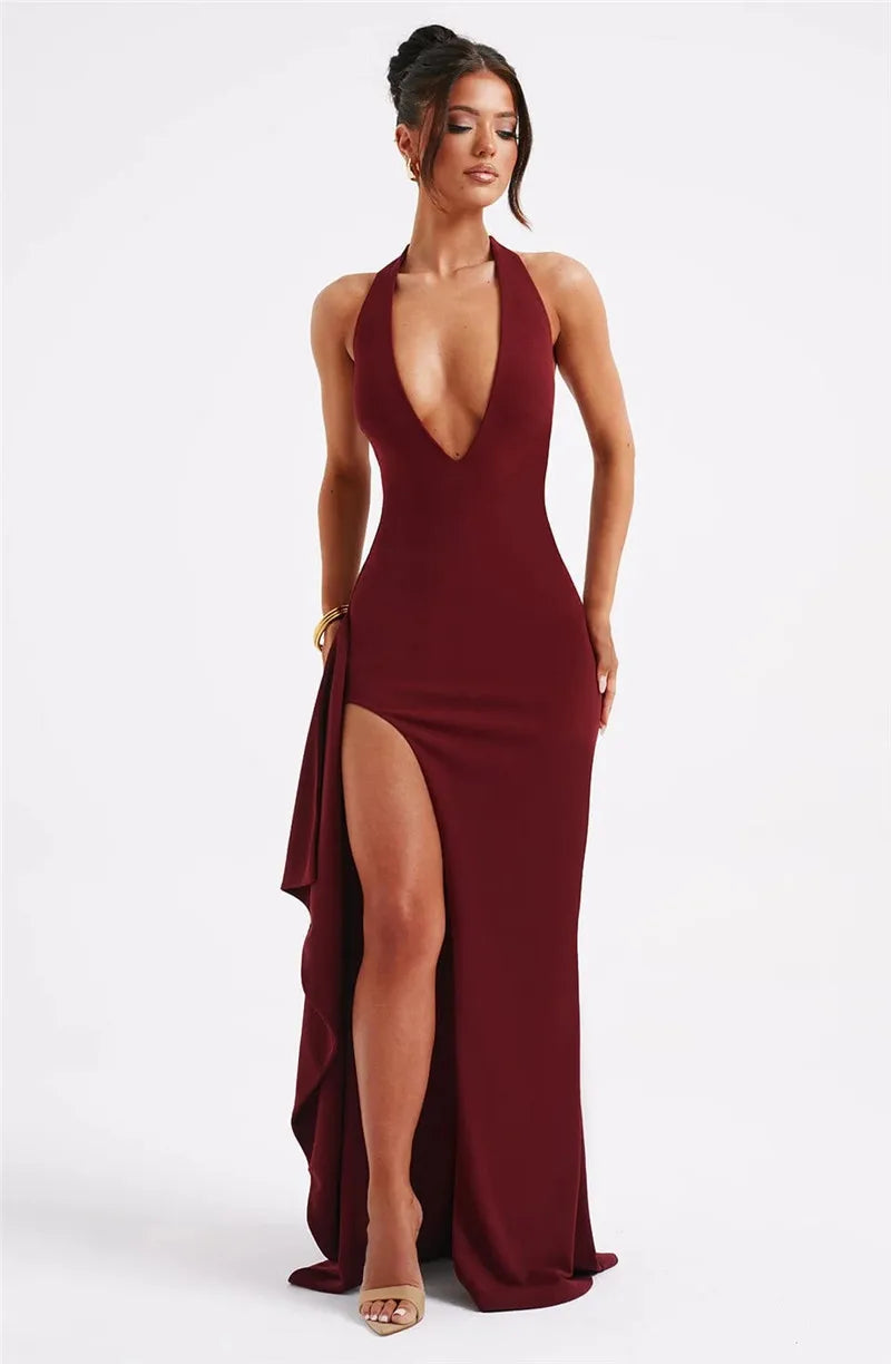 Deep V Neck Thigh High Split Maxi Halter Sleeveless Backless Bodycon Club Party Long Dress The Clothing Company Sydney