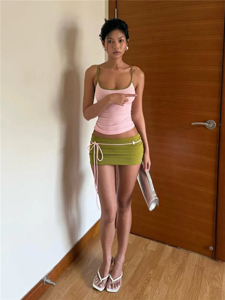 2 Piece Y2K Matching Set Womens Low-Neck Backless Camisole Top+Bandage Tassel Mini Skirt