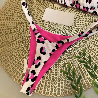 Two Piece Bikini Set Leopard Print Halter Bikini Set Cherry Print Thong Swimsuit High Waist Lace-up Bathing Suit - The Clothing Company Sydney