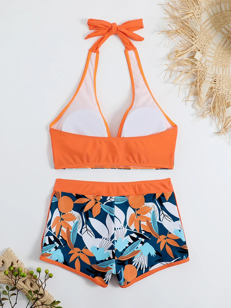2 Piece Halter Bikini Set Shorts Swimsuit High Waist Swimwear Female Printed Bathers Swimming Bathing Swim Suit Beachwear