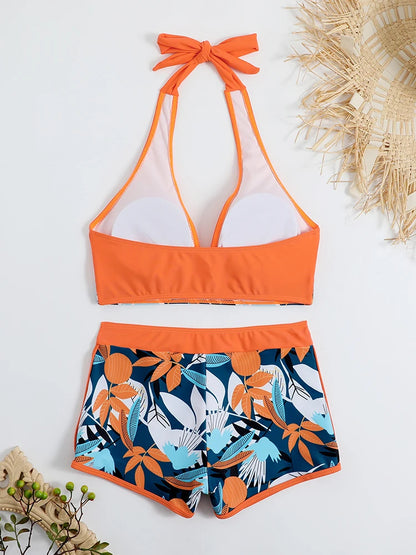 2 Piece Halter Bikini Set Shorts Swimsuit High Waist Swimwear Female Printed Bathers Swimming Bathing Swim Suit Beachwear