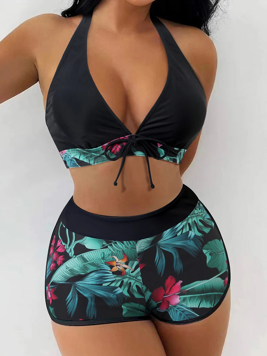 2 Piece Halter Bikini Set Shorts Swimsuit High Waist Swimwear Female Printed Bathers Swimming Bathing Swim Suit Beachwear