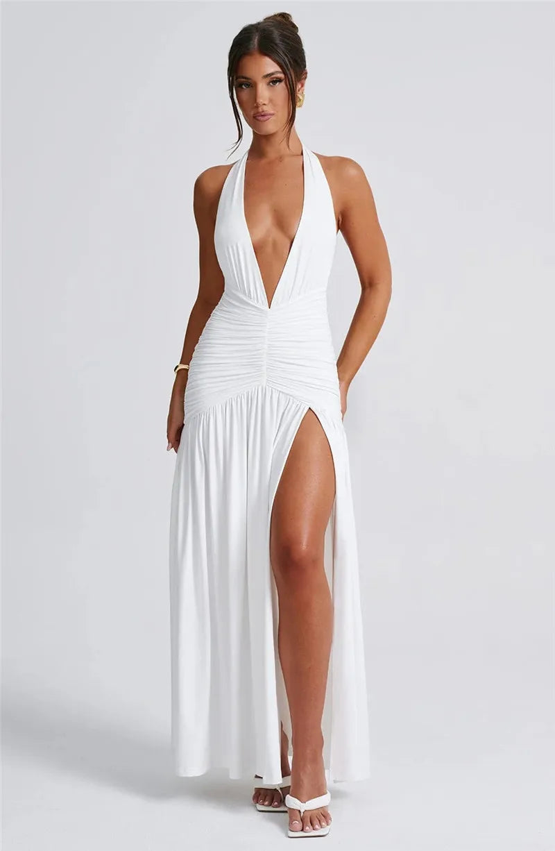 Halter Deep V Neck Backless Maxi Sleeveless Thigh High Split Long Dress The Clothing Company Sydney